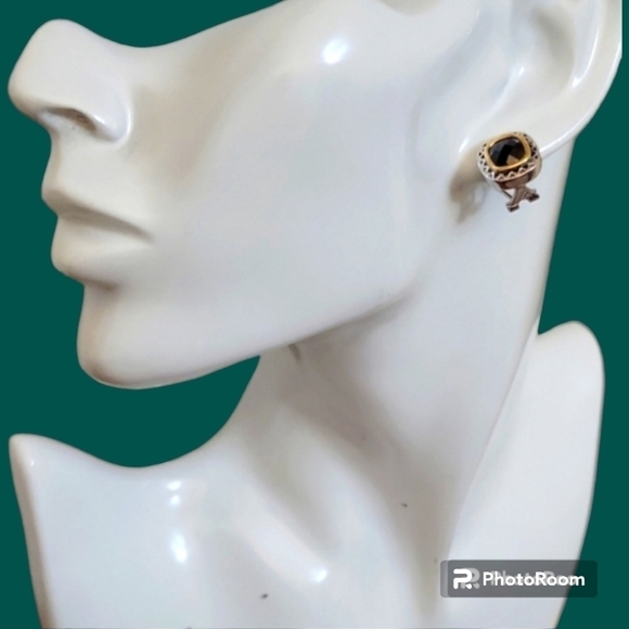 Jankuo 1990s Black Onyx Cubic Zirconia Two Tone Square Cushion Omega Earrings - Picture 1 of 6